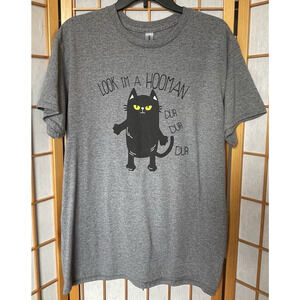 Novelty Cat T Shirt "Look I'm a Hooman Dur Dur Dur" Large